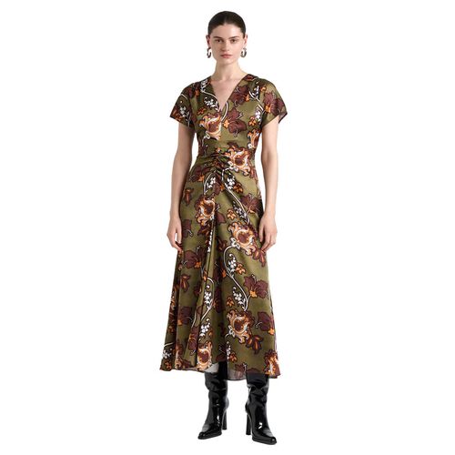 Cue Reverie Satin Gathered Midi Dress